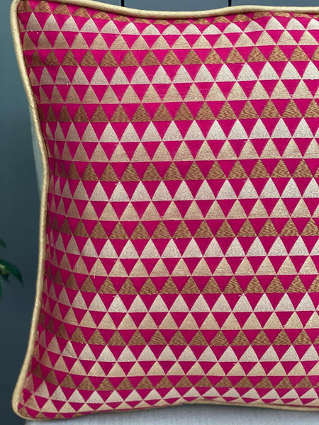 Chanderi Silk woven geometric design cushion Cover - Magenta / Red