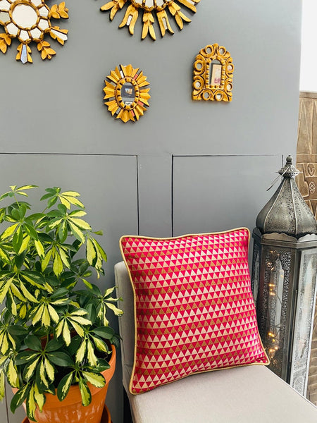 Chanderi Silk woven geometric design cushion Cover - Magenta / Red