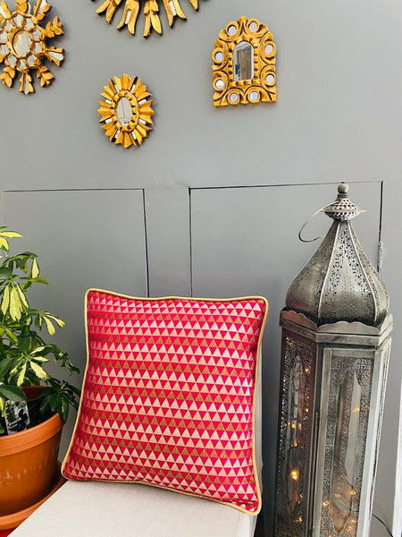 Chanderi Silk woven geometric design cushion Cover - Magenta / Red
