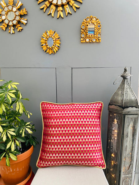 Chanderi Silk woven geometric design cushion Cover - Magenta / Red