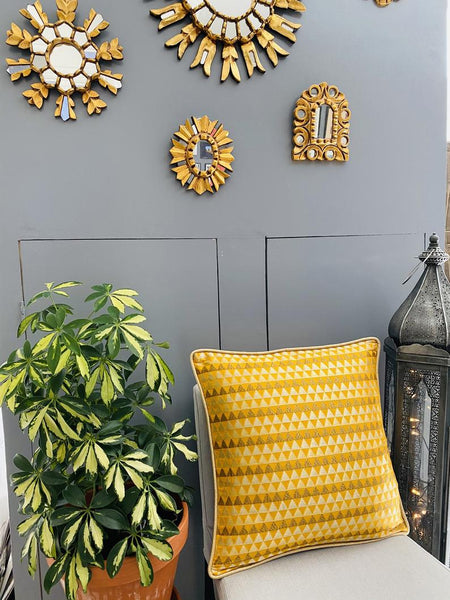 Chanderi Silk woven geometric design cushion Cover - Mustard