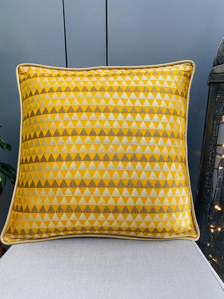 Chanderi Silk woven geometric design cushion Cover - Mustard