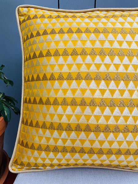 Chanderi Silk woven geometric design cushion Cover - Mustard