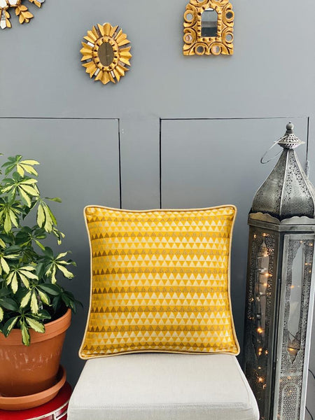 Chanderi Silk woven geometric design cushion Cover - Mustard