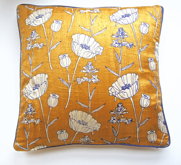 Floral Infusion Raw Silk Cushion Cover-Mustard/Blue