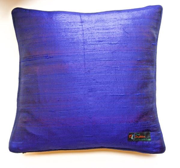 Floral Infusion Raw Silk Cushion Cover-Mustard/Blue