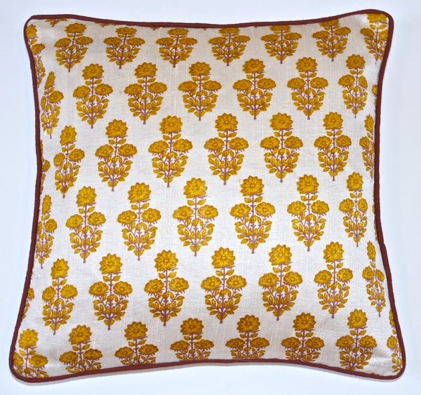 Floral Infusion Raw Silk Cushion Cover-Mustard
