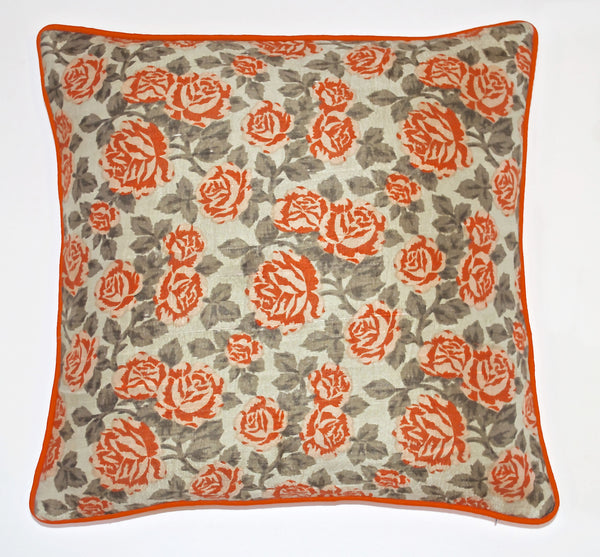 Floral Infusion Raw Silk Cushion Cover-Orange/Grey