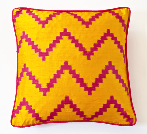 Ikat Raw Silk Cushion Cover-Mustard/Magenta