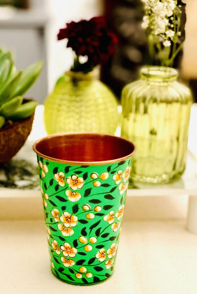 Green Hand Painted Enamelware Copper Tumblers ( set of 4)