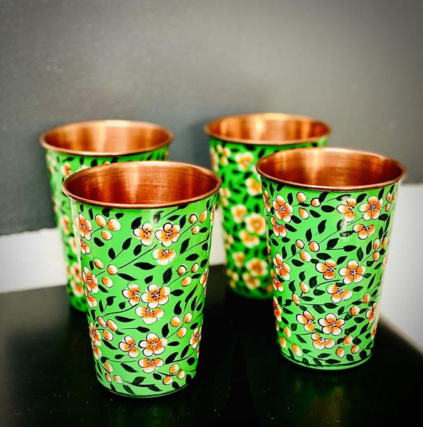 Green Hand Painted Enamelware Copper Tumblers ( set of 4)