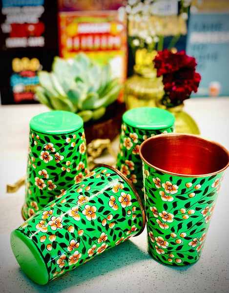 Green Hand Painted Enamelware Copper Tumblers ( set of 4)