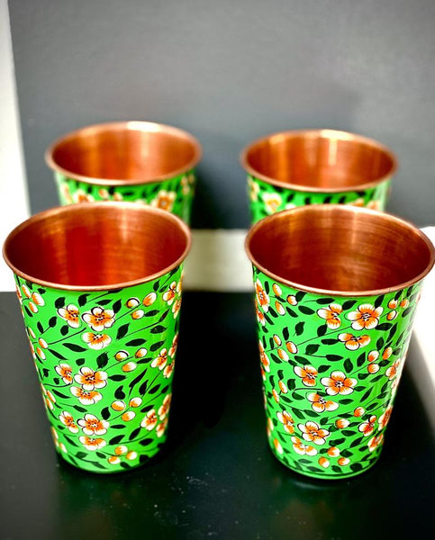 Green Hand Painted Enamelware Copper Tumblers ( set of 4)