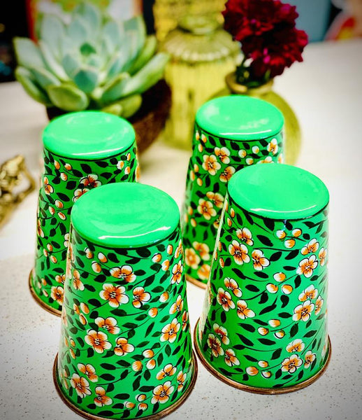 Green Hand Painted Enamelware Copper Tumblers ( set of 4)