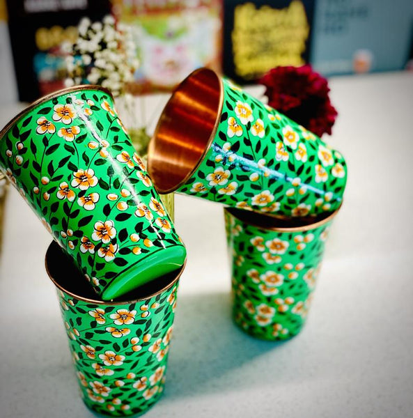 Green Hand Painted Enamelware Copper Tumblers ( set of 4)