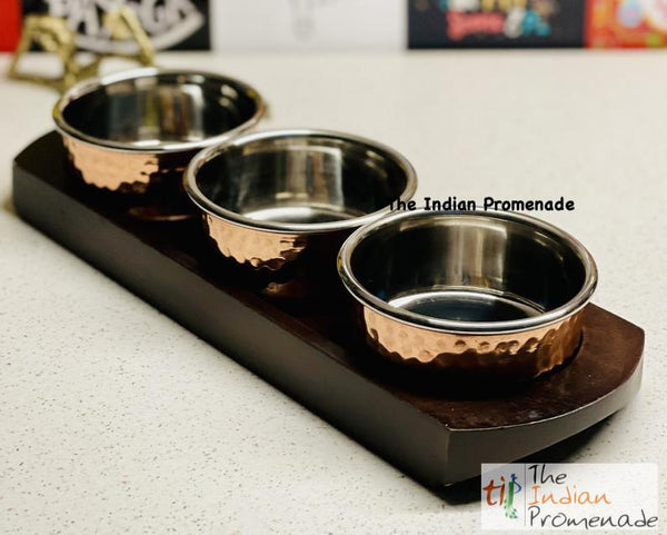 Hammered Copper and Steel Dip Katori ( bowl) with a Serving Base