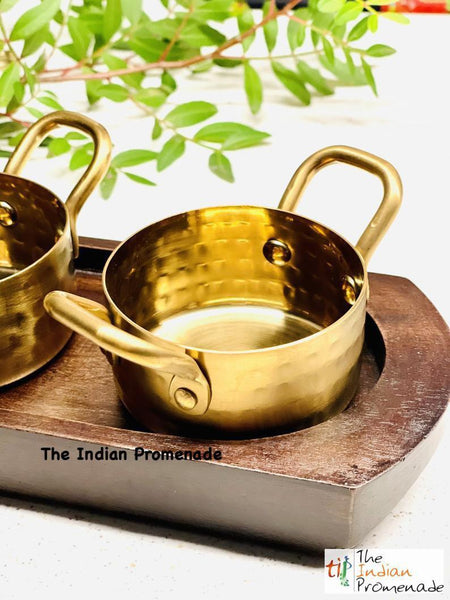 Hammered Vintage Brass Matt finish Mini Casserole with a Wooden Serving Base