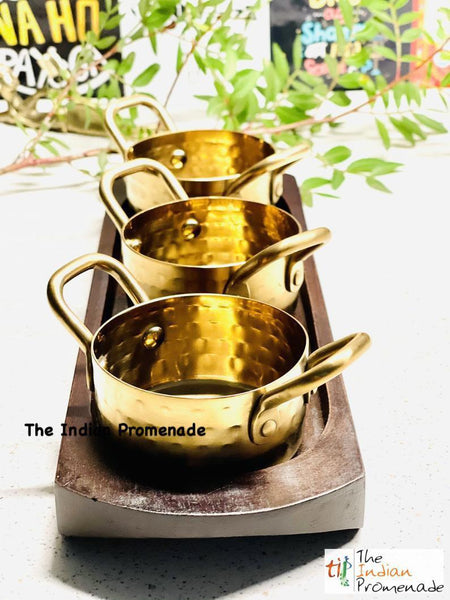 Hammered Vintage Brass Matt finish Mini Casserole with a Wooden Serving Base