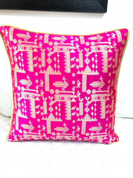 Hot Pink Aztec Peacock design with gold zari weave cushion cover