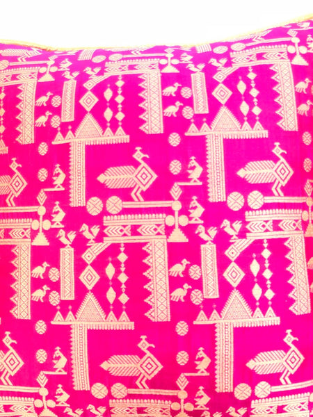 Hot Pink Aztec Peacock design with gold zari weave cushion cover
