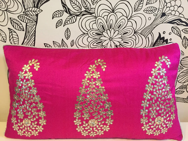 Gota-Patti Long Cushion Cover- Magenta