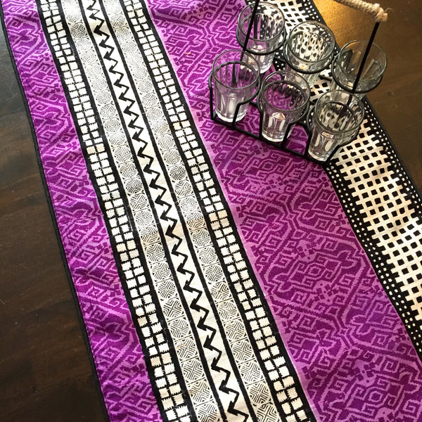Raw Silk Table Runner with Geometric Design- Purple