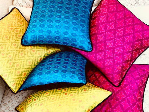 Ikat Rawsilk Cushion Cover-Bright Blue