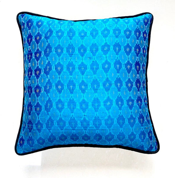 Ikat Rawsilk Cushion Cover-Bright Blue