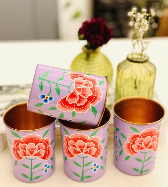 Lavender Hand Painted Enamelware Copper Tumblers( set of 4)