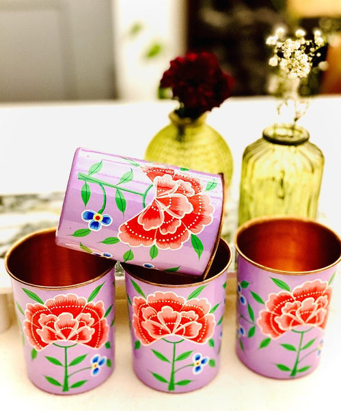 Lavender Hand Painted Enamelware Copper Tumblers( set of 4)