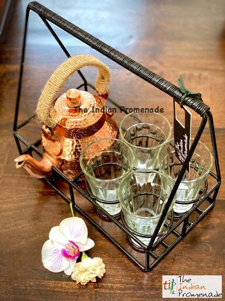 Metal Stand with Cutting Chai Glasses & Hammered Copper Finish Kettle