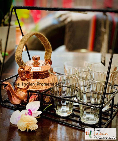 Metal Stand with Cutting Chai Glasses & Hammered Copper Finish Kettle