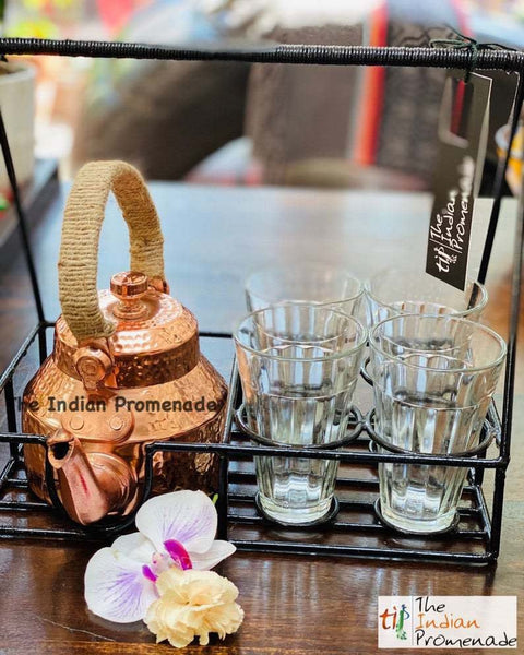 Metal Stand with Cutting Chai Glasses & Hammered Copper Finish Kettle