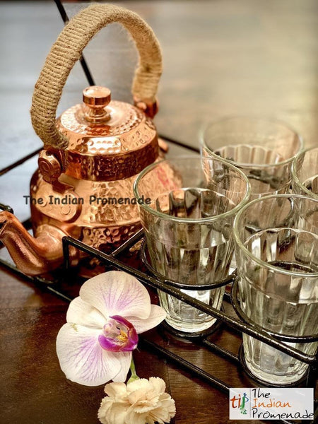 Metal Stand with Cutting Chai Glasses & Hammered Copper Finish Kettle