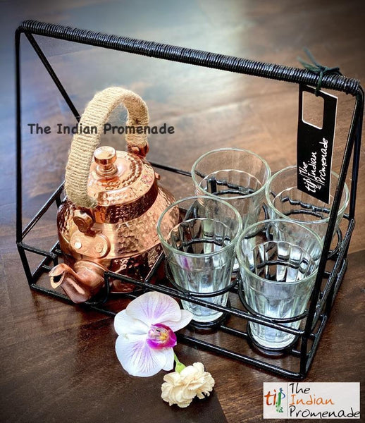 Metal Stand with Cutting Chai Glasses & Hammered Copper Finish Kettle