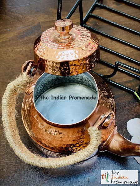 Metal Stand with Cutting Chai Glasses & Hammered Copper Finish Kettle