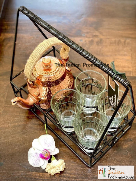 Metal Stand with Cutting Chai Glasses & Hammered Copper Finish Kettle