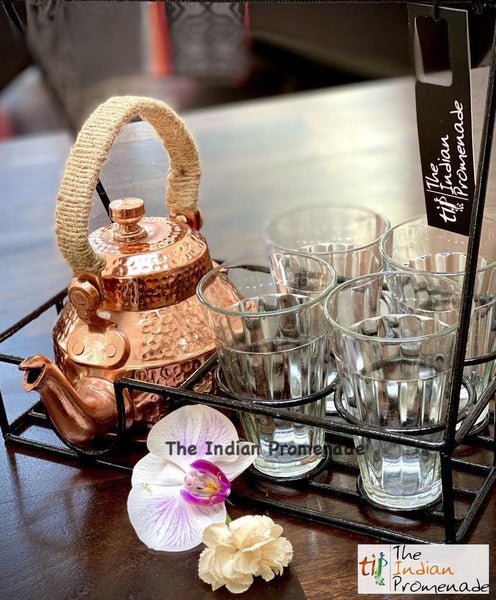 Metal Stand with Cutting Chai Glasses & Hammered Copper Finish Kettle
