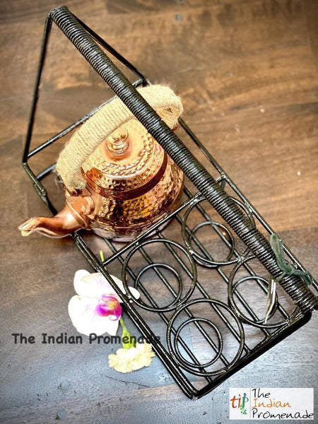 Metal Stand with Cutting Chai Glasses & Hammered Copper Finish Kettle