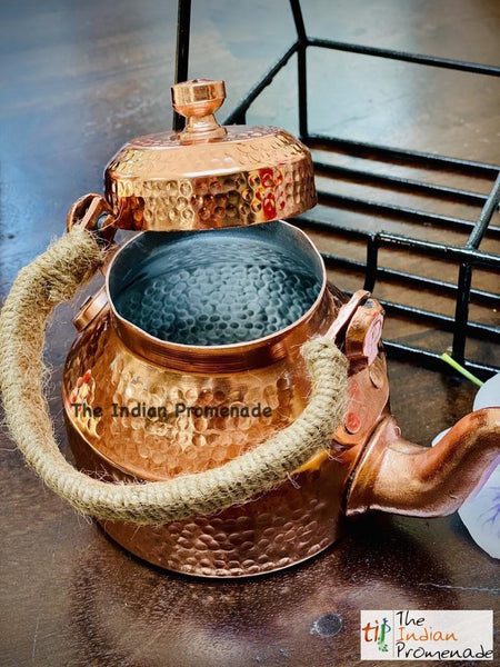 Metal Stand with Cutting Chai Glasses & Hammered Copper Finish Kettle