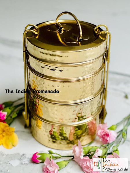 Mumbai Dabbawala Inspired Hammered Brass 4-tier Tiffin Containers