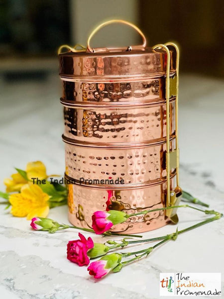 Mumbai Dabbawala Inspired Hammered Copper 4-tier Tiffin Containers
