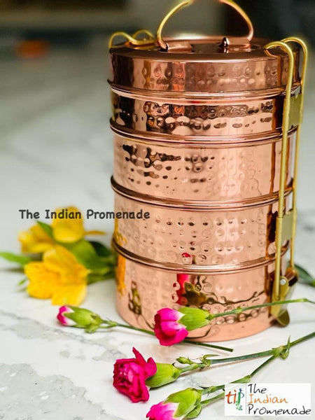 Mumbai Dabbawala Inspired Hammered Copper 4-tier Tiffin Containers