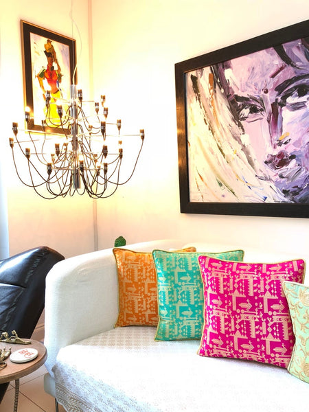 Hot Pink Aztec Peacock design with gold zari weave cushion cover