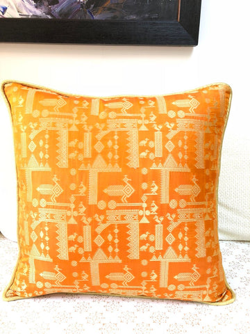 Orange Aztec Peacock design with gold zari weave cushion cover
