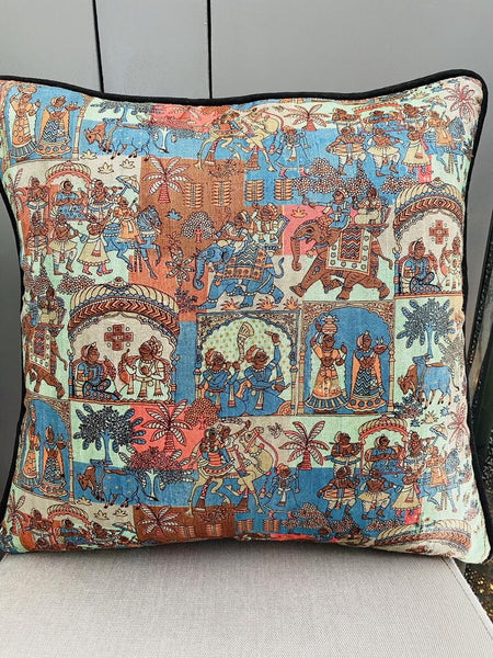 Phad Printed Raw Silk Cushion Cover ( Mint Green)