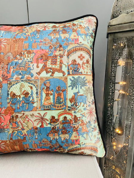 Phad Printed Raw Silk Cushion Cover ( Mint Green)