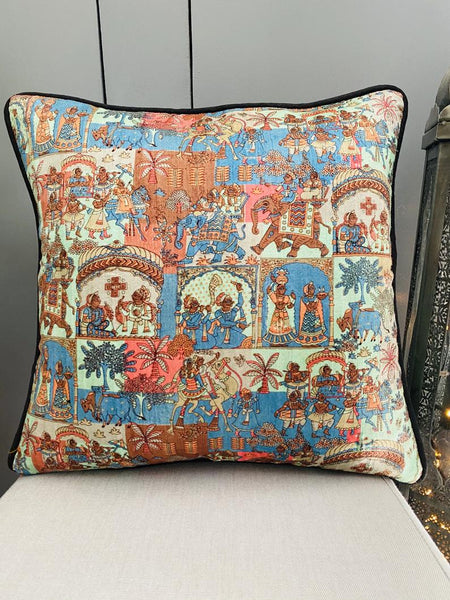 Phad Printed Raw Silk Cushion Cover ( Mint Green)