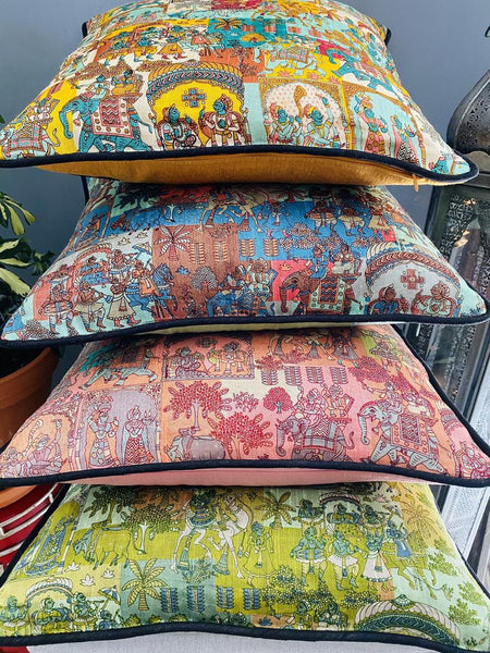 Phad Printed Raw Silk Cushion Cover ( Mint Green)