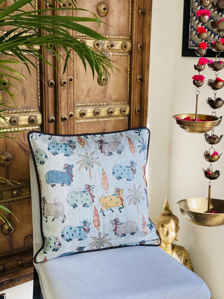 Pichwai Inspired Printed Raw Silk Cushion Cover ( Grey)